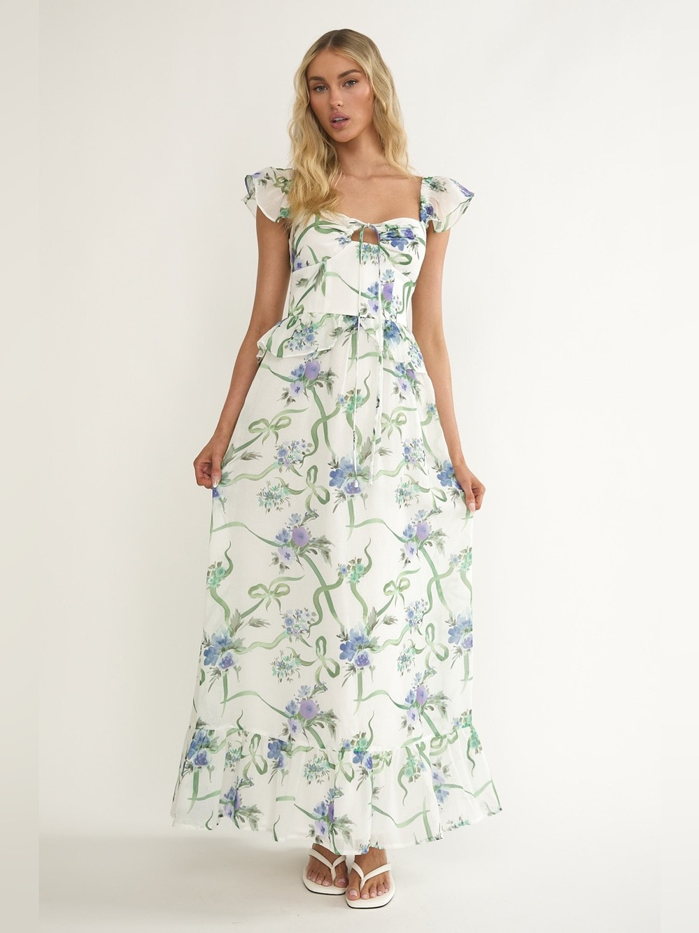 NWT Indikah Selfie Leslie Hanalei Off-Shoulder Tied Bust Maxi Floral Dress S 4